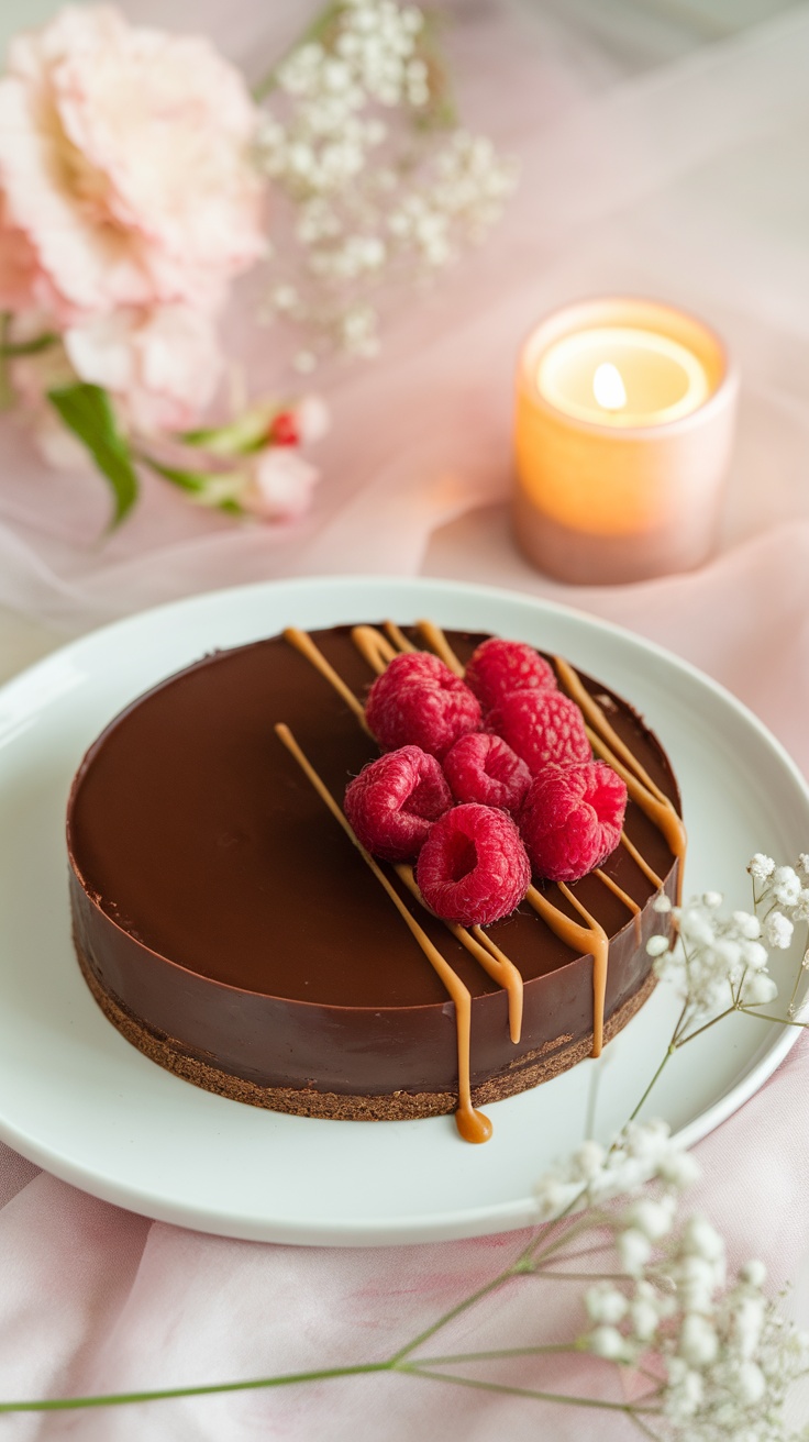 A beautiful Dark Chocolate Tart garnished with raspberries and caramel sauce, placed on a romantic table setting.